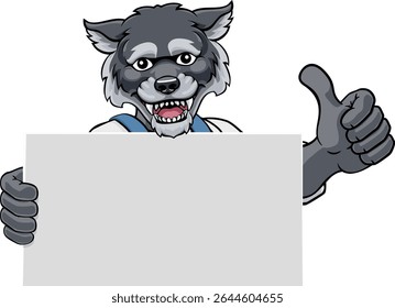 Um pintor de lobo, faz-tudo, mecânico, encanador ou outro homem mascote de desenho animado de construção em geral dungarees. Dando um polegar para cima.