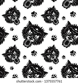Wolf with paw seamless pattern. White background