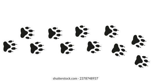 Wolf paws. Animal foot traces. Wolf black footprints on white background. Flat vector illustration. Design for print, decoration, childrens educational book