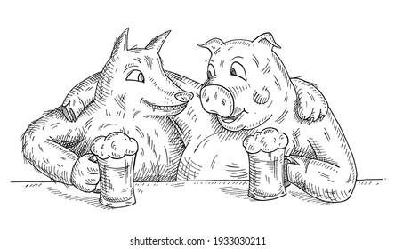 Wolf and pig sit hugged with glasses of beer. Vintage vector black hatching illustration isolated on white background. Hand drawn design element for t-shirt