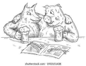 Wolf and pig sit hugged with glasses of beer and fish on the newspaper. Vintage vector black hatching illustration isolated on white background. Hand drawn design element for t-shirt