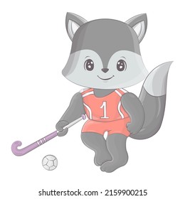 Wolf Playing Field Hockey. Vector Illustration Of A Cute Athlete Animal. Cute Little Illustration Of Wolf For Kids, Baby Book, Fairy Tales, Covers, Baby Shower Invitation, Textile T-shirt.