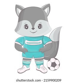 Wolf playing football. Vector illustration of a cute athlete animal. Cute little illustration of wolf for kids, baby book, fairy tales, covers, baby shower invitation, textile t-shirt.