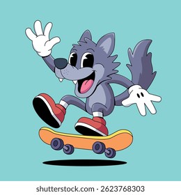Wolf Playing Skateboard Cartoon Illustration