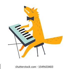 Wolf toca piano eléctrico. Un animal lindo tocando un instrumento musical, sentado con los ojos cerrados. Concierto zoológico. Los niños tienen estampado en naranja y agua. Ilustración vectorial gráfica aislada sobre fondo blanco.