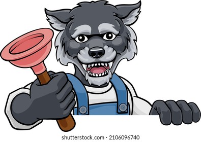 A wolf plumber cartoon mascot holding a toilet or sink plunger peeking round a sign