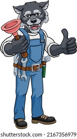 A wolf plumber cartoon mascot holding a toilet or sink plunger giving a thumbs up