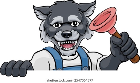 Um mascote de desenho animado de encanador de lobo segurando um banheiro ou um êmbolo de pia