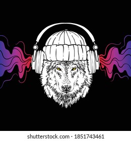 Wolf portrait with beanie hat and headphone listen colorful fun music vector illustration design