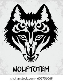 Wolf portrait drawing mascara. Totem wolf. Pattern in a shape of a wolf on the white background.