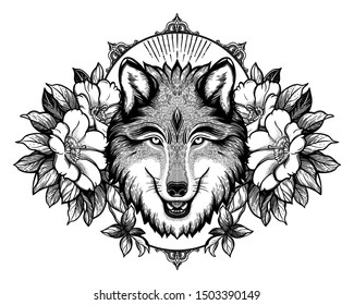 Wolf portrait in flowers frame.Dreamy magic art. Night, nature, wicca symbol. Isolated vector illustration. Great outdoors, tattoo and t-shirt design.