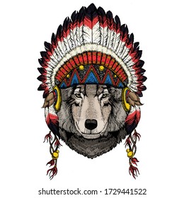 Wolf portrait. Head of wild animal. Indian traditional headdress.