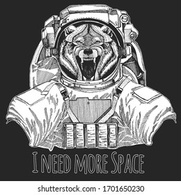 Wolf portrait. Wild animal wearing space suit. Head of wild animal.