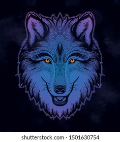 Wolf portrait.Dreamy magic art. Night, nature, wicca symbol. Isolated vector illustration. Great outdoors, tattoo and t-shirt design.