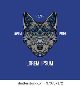 Wolf poster in ethnic boho style, hand drawn wolf logo. Vector illustration