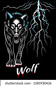 Wolf is preparing to attack, front view, on the background of night thunderstorms with lightning. Colorful outline drawing. Contour vector for tattoo, print tee short isolated on a black background.