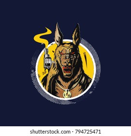 Wolf as a prisoner with gun over dark background, Vector illustration.