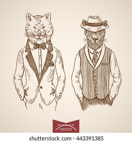 Wolf puma animal businessmen hipster style human clothes accessory monocle glasses tie icon set. Engraving style pen pencil crosshatch hatching paper painting retro vintage vector lineart illustration