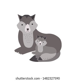 Wolf With Pup Isolated On White Background. Adorable Family Of Cute Funny Wild Forest Carnivorous Animals. Parent With Child, Mother And Baby Or Puppy. Flat Cartoon Childish Vector Illustration.