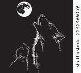 Wolf and puppy howling at the moon. Black and white drawing