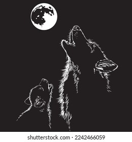 Wolf and puppy howling at the moon. Black and white drawing