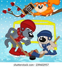 wolf rabbit play hockey - vector illustration, eps