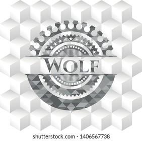 Wolf realistic grey emblem with geometric cube white background