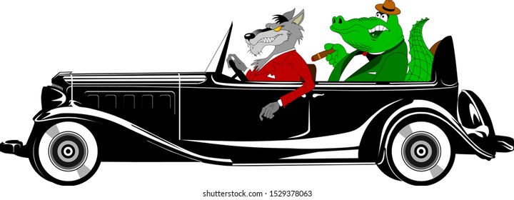 wolf in a red suit and a crocodile in a green tuxedo ride a black car