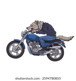 Wolf Riding Motorcycle Cartoon Vector Icon Illustration. Science Technology Icon Concept Isolated Premium Vector. Flat Cartoon Style