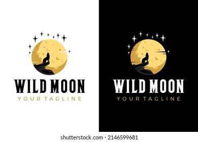 Wolf roar full moon landscape logo design