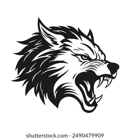 Wolf. In: Roaring Wolf Logo. Werwolf grinst, entblößt seine Zähne, knurrt, Vektorillustration auf weißem Grund. Schöner, atemberaubender Wolf für Tattoo, Design, Sport-Maskottchen.