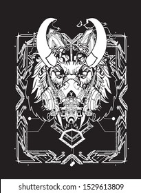 wolf robot cyberpunk black white with sacred geometry background