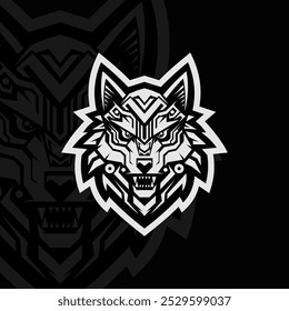 Robô lobo mascote animal esport ilustração logotipo design, preto branco