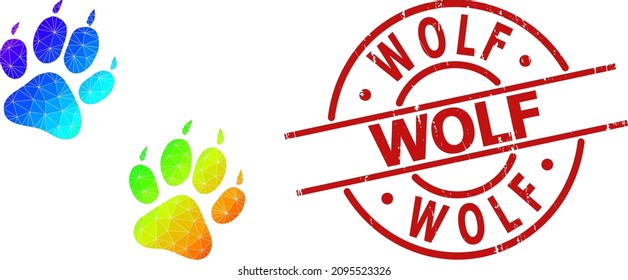 Wolf rubber stamp seal, and lowpoly rainbow colored tiger fingerprints icon with gradient. Red stamp seal contains WOLF text inside round and lines template.