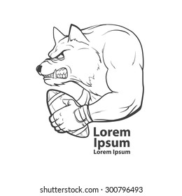 wolf with rugby ball for logo, american football symbol, simple illustration, sport team emblem, design elements