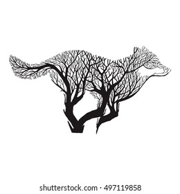 Wolf run silhouette double exposure blend tree drawing tattoo vector