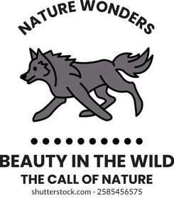 A wolf running in the wild with the words in the style of sign illustrations