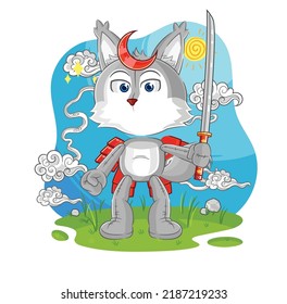 la caricatura del lobo samurai. vector de mascota de dibujos animados