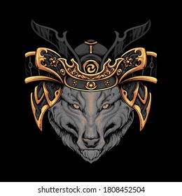 wolf  samurai hat illustraion vector