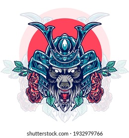 wolf samurai head with roses illustration for your merchandise or business