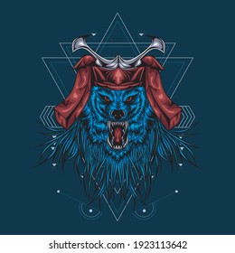 Wolf Samurai Illustration Graphic Sacred Geometry. Perfect for design of t-shirts, stickers, merchandise, etc.