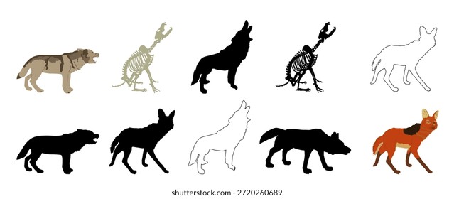 Contorno de línea de conjunto de lobo. Lobo esqueleto aúlla en la ilustración de la silueta del Vector de luna llena aislada. Las mandíbulas abiertas de los animales depredadores. Forma sombra de lobo. Escena de miedo de la noche de Halloween, bestia hambrienta en caza.