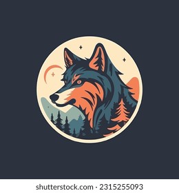 Wolf shape mascot logo for outdoor adventure company. modern flat color