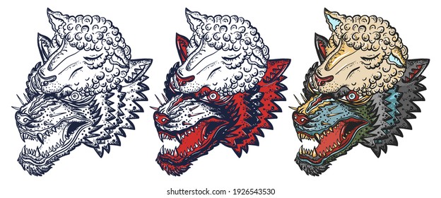 Wolf in sheep clothing. Old school tattoo vector art. Hand drawn cartoon character set. Isolated on white. Traditional tattooing style 