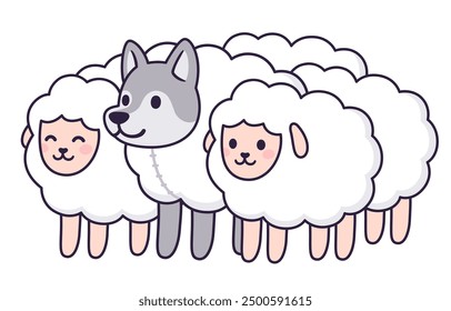 Wolf in sheep's clothing. Cute cartoon flock of sheep and wolf in disguise. Funny vector clip art illustration.