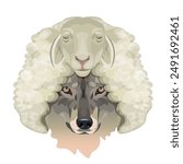 Wolf in a sheepskin hat, sheep clothing. Vector illustration isolated on a white background