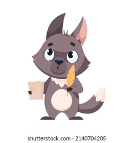 Wolf with sheets of paper and quill cartoon vector illustration. Cute mammal composing poems, coming up with rhymes, thinking. Wildlife animal, predator, art concept