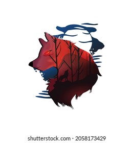 wolf shilhouette and forest vector illustration design good for tshirt design