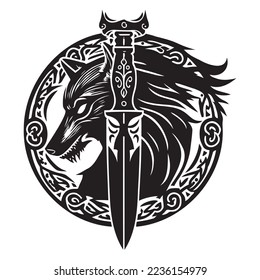 wolf side head design for Viking Celtic illustration motive tattoo and white background  Black tattoo  Wolf   swords  Drawing Norse myths  Magic Navigation Vikings Compass for t  shirt print 