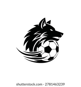 Wolf side profile, soccer ball, speed lines effect, aggressive motion, dynamic energy, powerful presence.